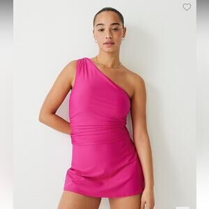 🆕 J. Crew Pink Swim Dress Skirt Asymmetrical Ruched One Shoulder Blogger Fan Fav